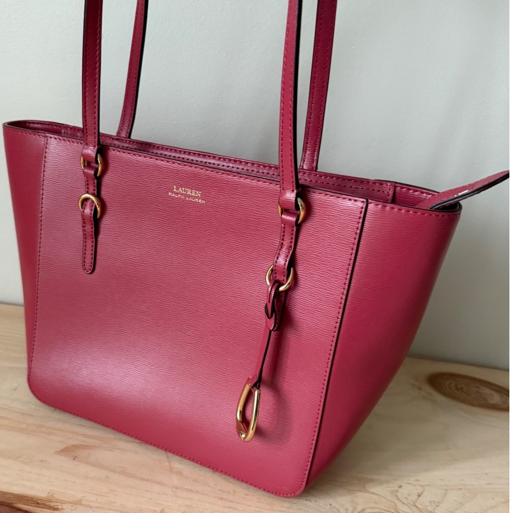 Lauren Ralph Lauren Bennington Medium Raspberry Red Leather Tote Bag